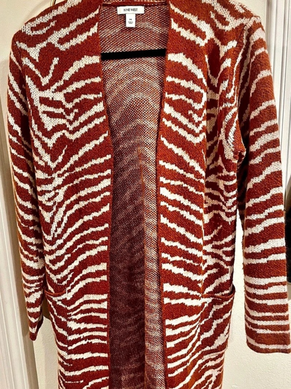 Nine West Rust Orange Zebra Print Open Front Cardigan Medium